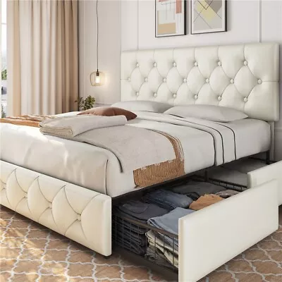 Used Faux Leather Platform Bed Frame With Adjustable Headboard And 4 Drawers • $159.99