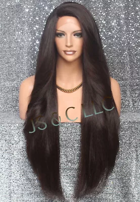 Extra Long Human Hair Blend Heat OK Full Lace Front Wig WBPC Dark Brown 4 • $89.94