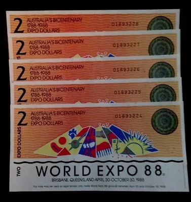 5 Consecutive Banknotes Australian Brisbane World Expo 1988 $2 Dollar Unc • $20