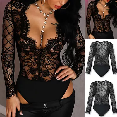 Women Lace Sexy V-Neck Mesh Romper Bodysuit Long Sleeve Lingerie Leotard Tops UK • £9.59