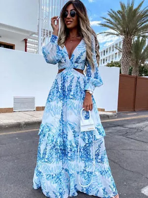 Women Maxi Dress Sexy Lantern Sleeve Party Club Dresses Beach Female Robe Dress- • $22.98