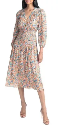 $98 • Buy SHOSHANNA NWT $429 Aurora Floral V Neck Smocked 3/4 Sleeve Midi Dress 6