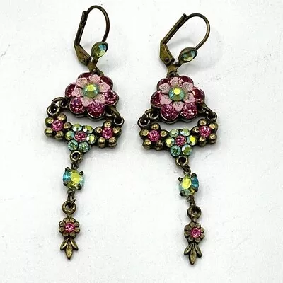 Michal Negrin Multi-Color AB Crystal Floral Chandelier Drop Pierced Earrings • $74.99