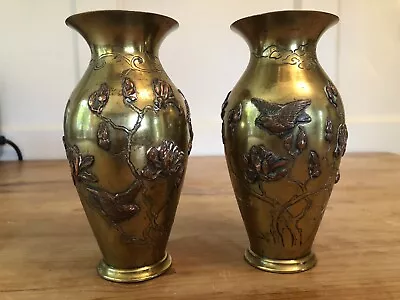 £135 • Buy JAPANESE BRONZE VASES MEIJI PERIOD MIXED METAL PAIR 1890s