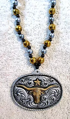 Rare!  Cowboy  Longhorn Belt Buckle  Mardi Gras Necklace Bead Rodeo Texas (b645) • $9.95