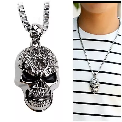 Men's Stainless Steel Big Skull Head Pendant Box Chain Rock Punk Necklace 7-6 • $10.75