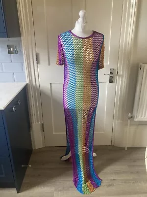 PLT Rainbow Colour String Mesh Dress With Side Splits Size 12 FESTIVAL VIBES • £8