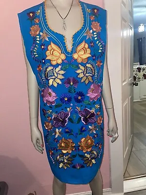 Mexican Blue Floral Embroidered Sleeveles Dress Size Large • $45