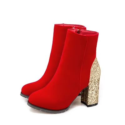 Sexy Women Sequin Punk Round Toe Ankle Riding Boots High Block Heels Party Shoes • $36.95
