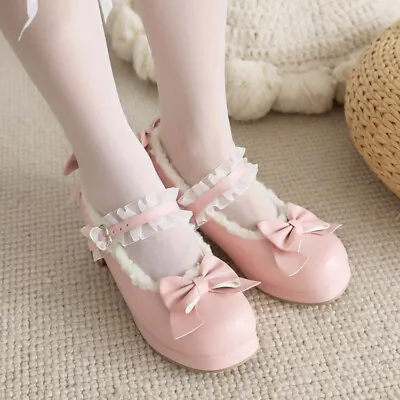Lolita Bow Mary Jane Womens Chunky Heel Round Toe Ankle Strap Shoes Cosplay Pump • £51.18