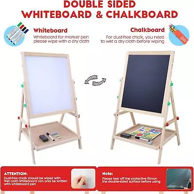 2 In 1 Kid Standing Art Easel Wooden Chalk Drawing Board Double Side White+Black • $26.59