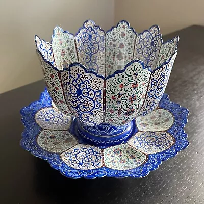 Vintage Islamic Mina Kari Painted Enamel Over Copper Persian Art Bowl & Plate • $95