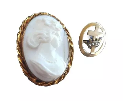 Vintage Gold Filled Cameo & Cross Crown Seed Pearl Brooch Lot • £12.16