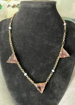 J. Crew Antique Brass Tone Rose Pink Faceted Glass Triad Necklace Adjustable • $10