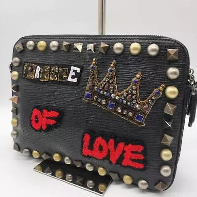 Dolce & Gabbana Clutch Bag Pouch Studded Crown Black From Japan • $280