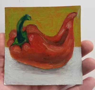 Oil Painting Still Life Red PepperOriginal Miniature Home Deco. No Frame 4 X4  • £9.98