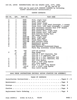 Large Frame Operator Instruction Fits Bolens 18038 Hard Top Vinyl Cab For HT-23 • $18.79