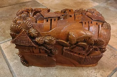 3D Vintage Asian Japanese Hand Carved Wood Landscape Finish Jewelry Trinket Box • $89