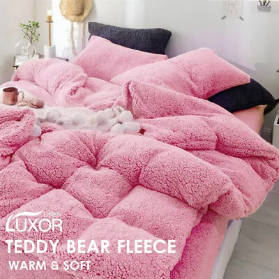 Super Warm Teddy Bear Fleece Thermal Quilt Doona Duvet Cover Set All Size Pink • $49