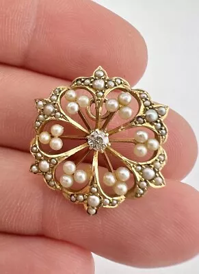 Victorian 14k Gold European Cut Diamond & Seed Pearl Round Sun Pin Pendant • $495