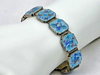 Vintage Asian Hand Painted Panel Bracelet Blue Silver Bees Flowers Fish 7.25  • $95