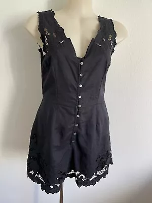 ZIMMERMANN Playsuit S-1 Black Crochet Linen Floral Macramé Lace Trim Romper 1800 • $229