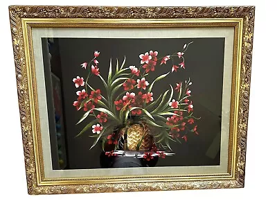 Vietnamese Silk Embroidery Of Basket Of Orchids Black Background Gold Frame EUC • $225