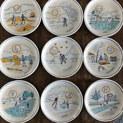 Vintage ITALY Hand Painted PV Peasant Village Petite Zodiac Month Plates 6.25” • $49