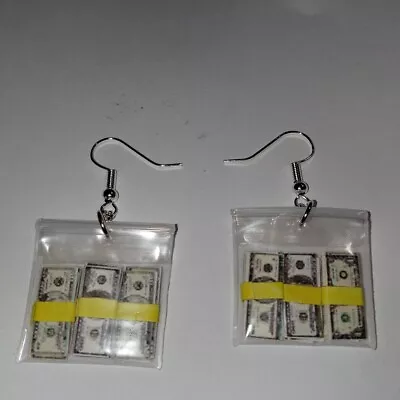 Money Bag Earrings Silver Wire Money Gift Stacks Wrapped • $8.50