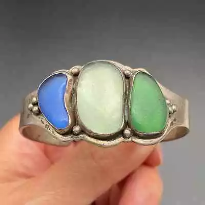 Vintage Modernist Glass Sterling Silver Cuff Bracelet 6-3/8  • $585