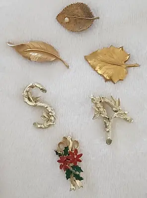 Vintage Leaf Accent Brooches Lot Of 6 Costume Fashion Jewelry • $10