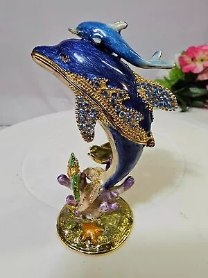 Dolphin W/ Baby Bejeweled Coral Fish Beach Enamel Hinged Metal Trinket Box- A5 • $24.99