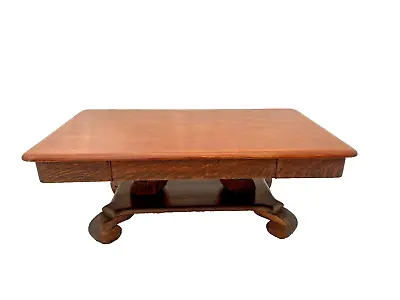 Antique Coffee Table Solid Oak Top Center Drawer Shelf American Empire Style • $1536.50