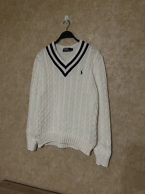 Vintage Ralph Lauren Polo White Cricket Sweater V-Neck Cable Knit Tennis L • $150