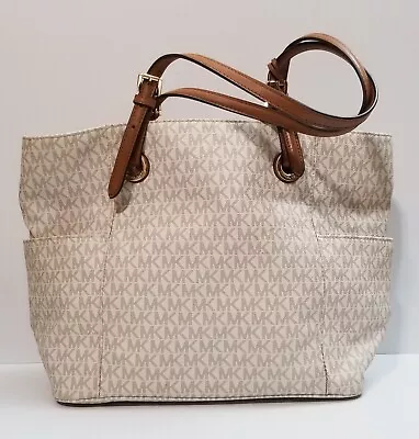 Michael Kors Jet Set Medium Shoulder Leather Tote Bag Logo Tan Brown MK Travel • $69.99