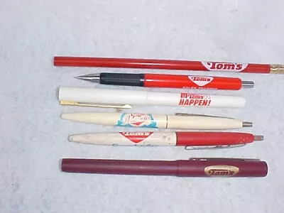 Lot 6 Vintage Tom's Peanut Logo Ink Pens & Pencil Lance Jar Display Gordons • $24