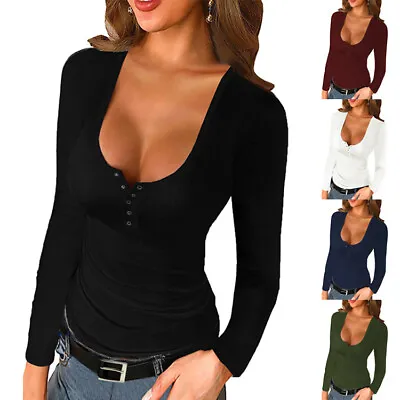 £15.99 • Buy Womens Long Sleeve Button Undershirts Low Cut Fitted Ribbed Knit T-shirts Solid