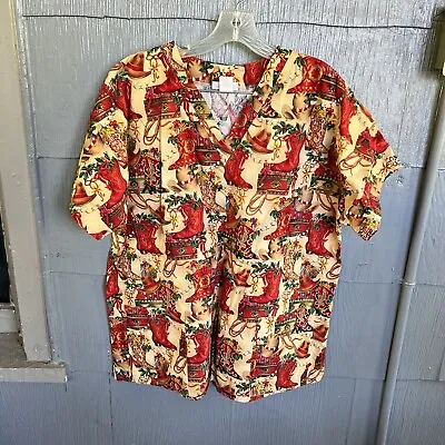 Mad About Scrubs Christmas Scrub Top V Neck Women’s XL Pockets Cowboy Hat Boots • $15.19