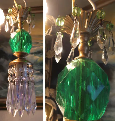 Vintage Lucite Emerald Green Beads SWAG Lamp Chandelier Crystal Prism Lighting • $99