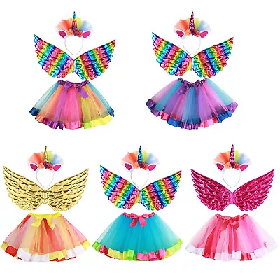 3pcs Girls Fancy Dress Set Angel Fairy Wings TuTu Skirt Headband For 3-8 Years • £8.69