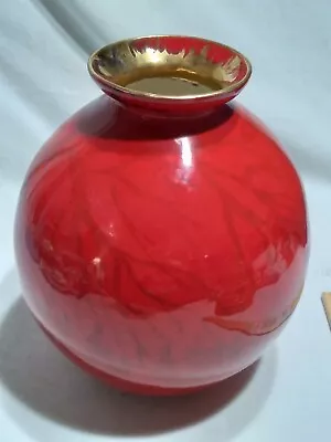 Vase Porcelain Moorcroft Style Silouette Of Tree Cherry Red Gold Trim 8  Vintage • $250