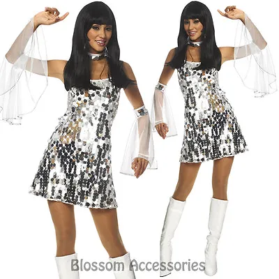 K5 60s 70s Go Go Retro Hippie Girl Dancing Groovy Party Silver Disco Costume • $23.12