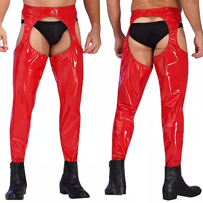 Mens Sexy Wet Look Leather Motorcycle Bikers Chaps Trouser Pants Cowboy Costume • $15.71