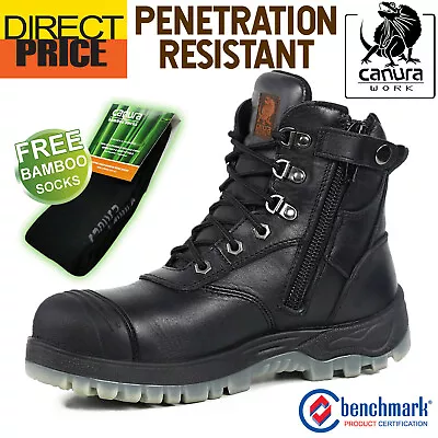 Canura Safety Work Boots Side Zip Anti Penetration 8602 Steel Toe Cap Black Shoe • $129.95