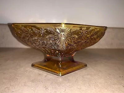 Indiana Carnival Glass Compote Dish Vintage Diamond Shape Amber Floral Footed • $14.99