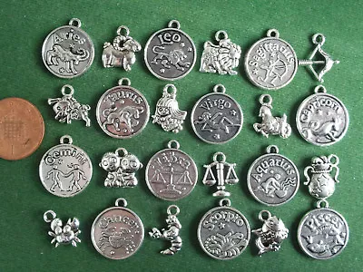 Zodiac Charms - Antique Silver - Horoscope Coins Symbols Mixed Sets Star Sign • £2.50