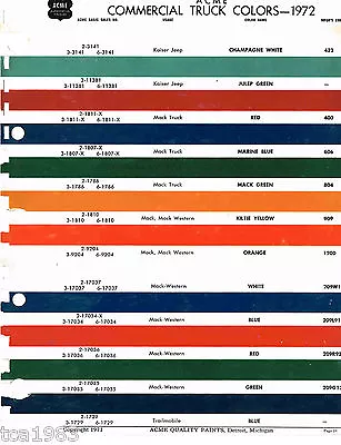 1972 MACK / WESTERN Truck Color Chip Paint Sample Brochure / Chart • $6.99