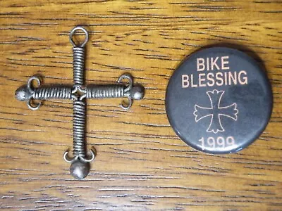 Twisted Wire Cross Pendant Goth Steampunk 1-7/8 X1-5/8  + Bike Blessing Pinback • $13.39