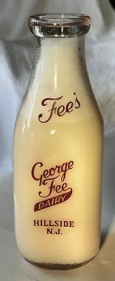 Vintage Glass Milk Bottle George Fee Farms Hillside NJ One Quart Great Condition • $25