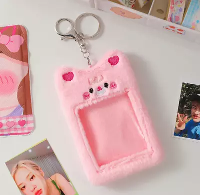 Kawaii Plush Photocard Holder Cute Fluffy Pink Bear Kpop Idol Protective Case • $11.95